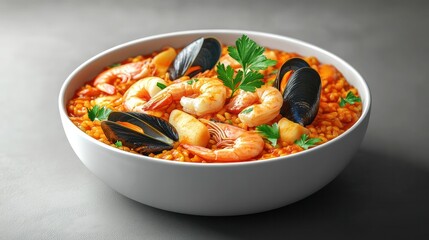 Delicious seafood paella with prawns mussels and vegetables in a white bowl served on gray surface with fresh herbs and vibrant colors, traditional Spanish dish