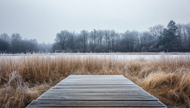 Icy Wooden Pier Overlooking Snow Covered Field and Bare Trees in Winter Landscape with Overcast Sky - Powered by Adobe