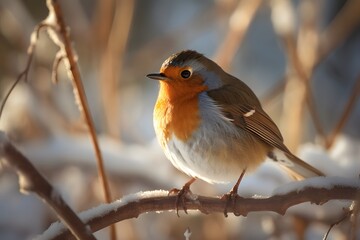 Fototapeta premium A european robin perched on a snow covered branch in the winter sunlight in a close up view image