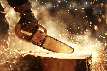 Worker in protective gear cuts wood with chainsaw during daylight Generative AI