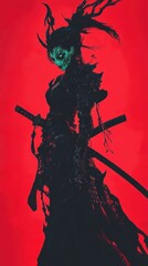 A stylized figure of a warrior, holding a katana, presented against a vibrant backdrop.