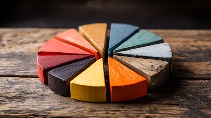 Colorful pie chart on wooden table showing segmented market data infographic.