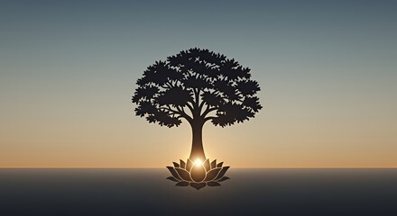 Silhouette Tree Growing From Lotus Flower Symbolizing Life and Spirituality