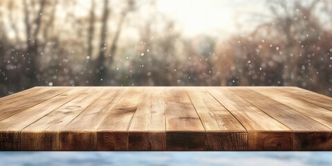 Rustic Wooden Table Surface with Falling Snow and Blurred Forest Background in Winter Season Displaying an Empty Space for Festive Decoration on a Snowy Countryside Scene