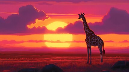 Giraffe Sunset Savannah Africa.