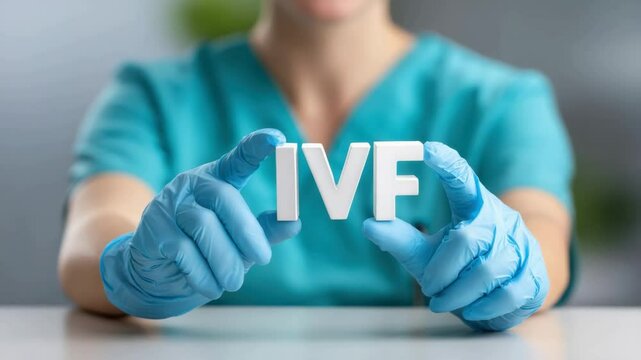 The word IVF and the hand of a specialist doctor. In Vitro Fertilization concept. Medical technology that assists with pregnancy. The growth of the specialized medical business.