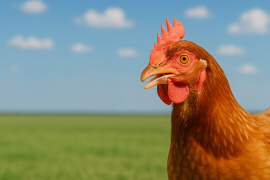 AI generated cheerful chicken peeking with friendly smile from side view in bright green meadow under clear blue sky with white clouds perfect for farm and poultry themes