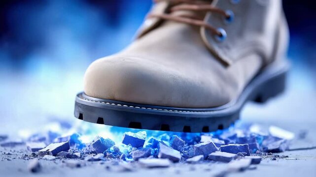 A person standing on a dissolving floor with flying papers and broken pieces, symbolizing instability and life's unpredictability