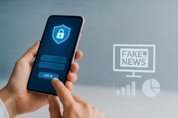 AI generated image of hand holding smartphone showing login screen overlaid with fake news detection infographics and misinformation warning alerts for digital media literacy concepts