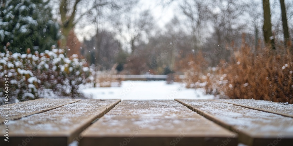 Aufkleber snow covered wooden table with blurred winter forest background featuring a rustic surface and seren
