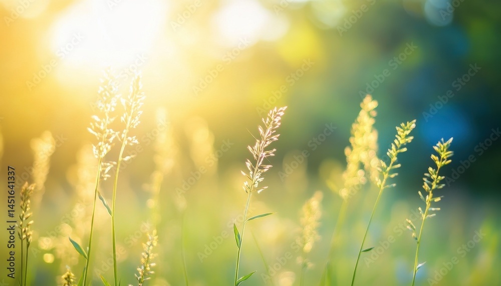 Poster sunlit grass field with bokeh background in warm sunny day nature scenery with bright green colors a