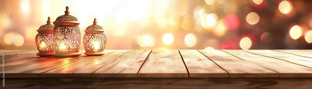 Aufkleber three ornate lanterns on wooden table against bokeh lights for festive ramadan celebration with trad