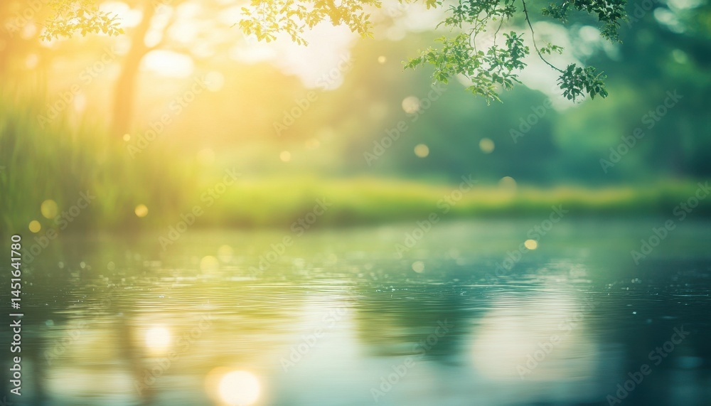 Poster tranquil lake reflecting green trees in soft sunlight with water ripples serene nature scene in a pe