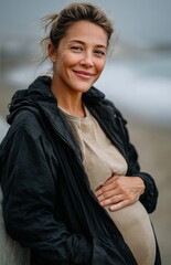 Pregnant woman on beach wearing black jacket posing