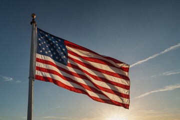 Waving American flag against a clear sky.