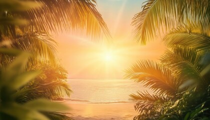 Vibrant Coastal Sunset Through Palm Trees with Golden Sunlight Reflecting on the Ocean Water Underneath A Vivid Sky and Lush Green Foliage Creates a Tropical Paradise