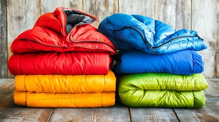 Colorful insulated jackets stacked display