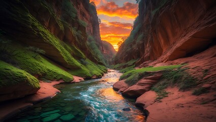 River flowing through canyon with mossy cliffs and sunset colors