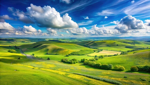 Rolling hills and vast fields covered with green grass and wildflowers, set against a clear blue sky with puffy white clouds , nature, aerial view