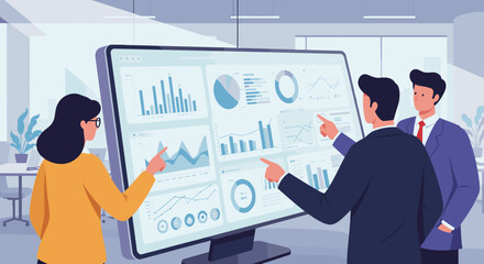 Fototapeta premium Business team analyzing data on a large screen in an office 