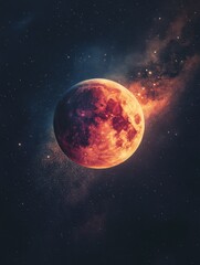 Obraz premium A celestial lunar eclipse with vibrant red and orange tones, viewed through a crystal-clear starry sky, ethereal realism 