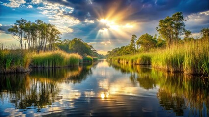 Fototapeta premium Louisiana Bayou with Sunlight filtering through the Reeds, atmospheric effects, bayous