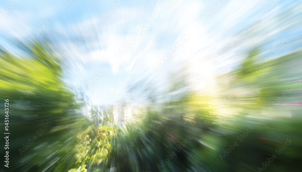 Poster Abstract View Upward Through Trees to Blue Sky with Lens Flare and Sun Rays in Warm Tones Creating a Zoom Effect