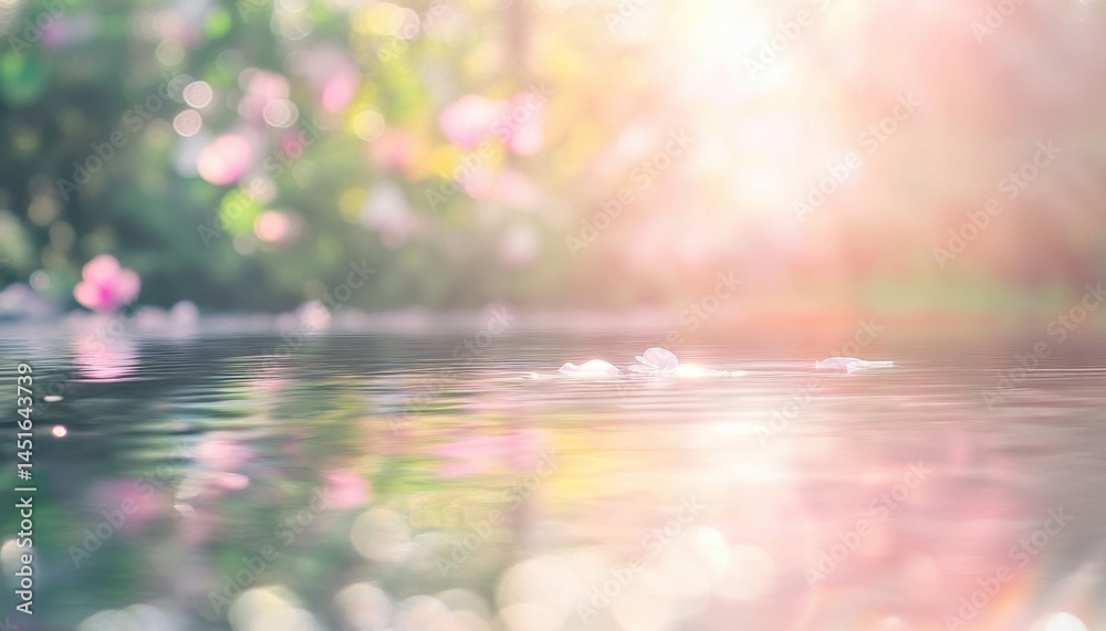 Leinwandbilder Abstract Water Surface with Reflected Pink Petals and Bokeh Creating a Dreamy and Serene Atmosphere in a Soft Spring Light
