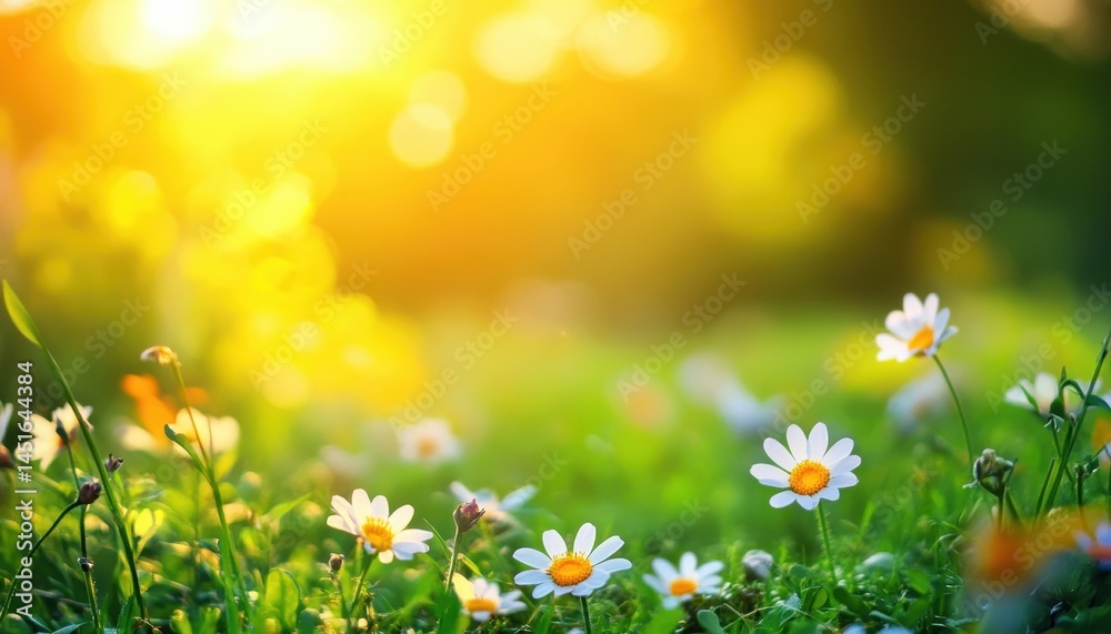Aufkleber close up of white and yellow daisies in a green meadow under bright sunlight in summer with blurred 