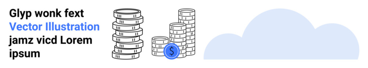 Stacks of coins accompanied by a blue dollar coin with soft cloud elements. Ideal for finance, investment, savings, wealth, economy, banking, simple landing page