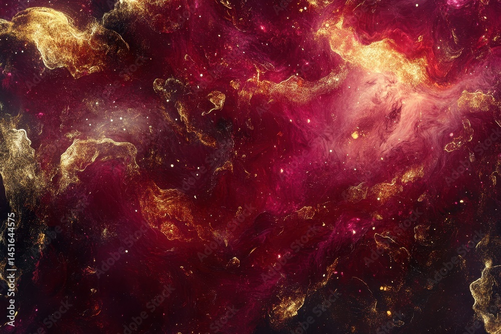 Poster cosmic nebula with golden shimmering stars and deep red hues abstract galaxy background with vibrant