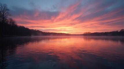 Naklejka premium Dawn's Reflection: Tranquil Lake Moment