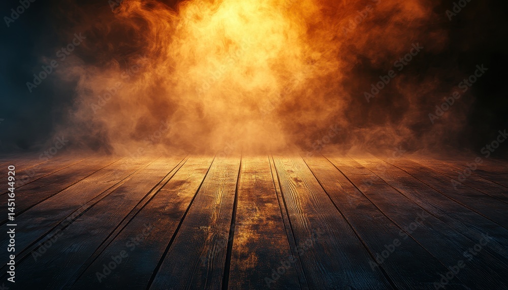 Fototapete Dramatic Foggy Scene with Illuminated Wooden Planks and Vaporous Mist in Dark Room with Texture and Pattern on Floor Creates Atmospheric Backdrop