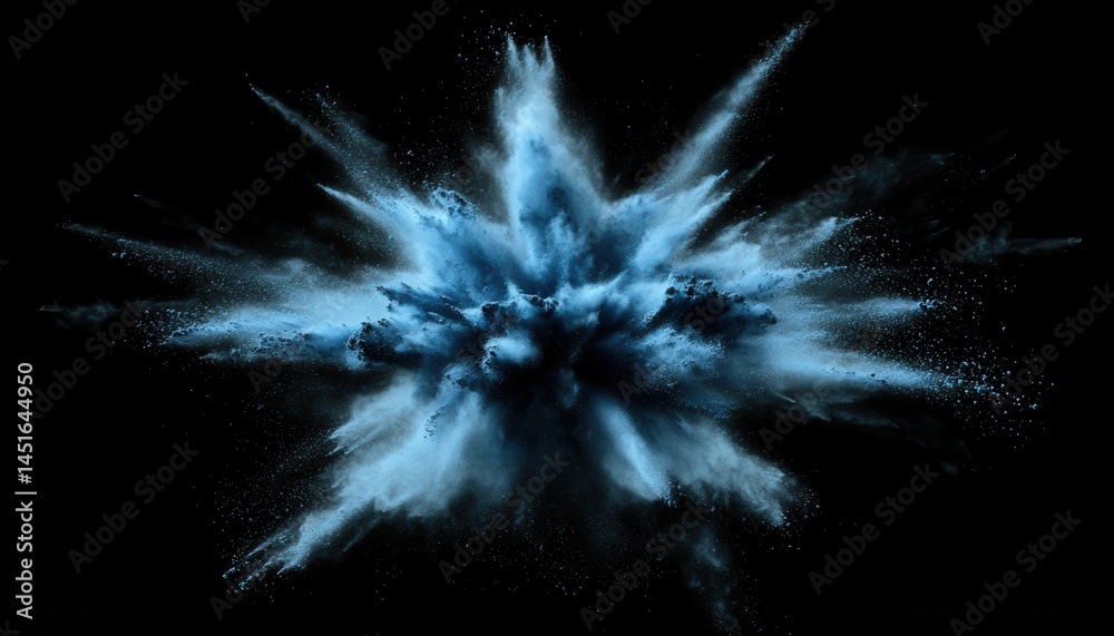 Aufkleber Dramatic Light Blue Powder Explosion Against a Black Background with a Swirling and Dynamic Motion in a Studio Setting