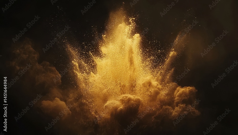 Poster dramatic golden explosion of glittering particles against dark background with ethereal smoke adds a