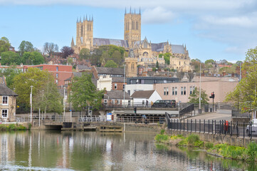 Looking across Brayford Pool to Lincoln Cathedral in the city of Lincoln England