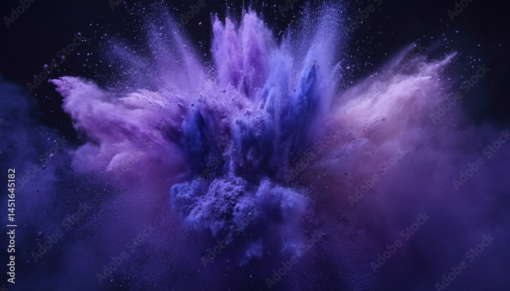 Aufkleber Dramatic Purple and Blue Powder Explosion with Fine Dust Particles in High Speed Motion Against Dark Background Creating a Vibrant Abstract Design