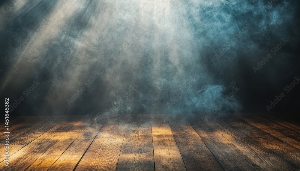 Fototapete dramatic smoke and light rays on dark wooden floor creating an abstract atmospheric background with 