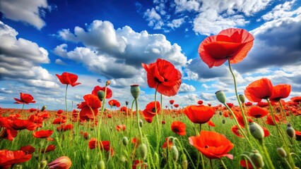 Obraz premium Red poppy flowers blooming in a field on Victory Day with blue sky and white clouds , anniversary of victory, floral arrangement