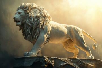 Majestic white lion statue on a rocky pedestal.
