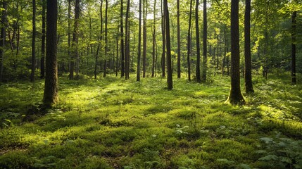 Fototapeta premium Tranquil Forest Scenery with Dense Trees and Vibrant Green Mossy Ground