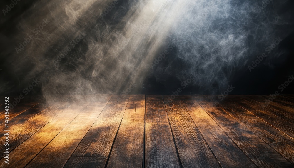 Poster dramatic smoky background with wooden floor featuring atmospheric fog and abstract design with spotl