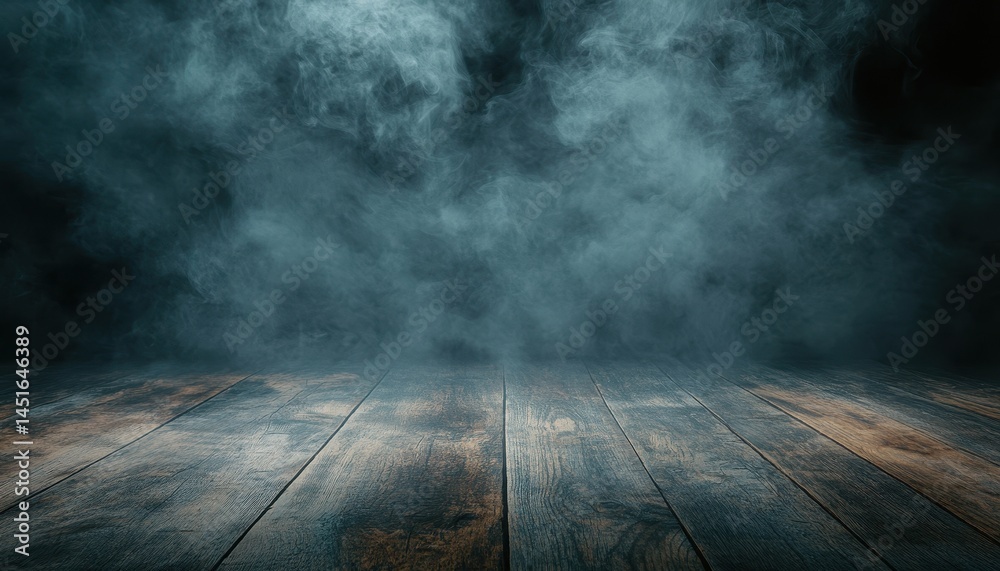 Poster Eerie Atmospheric Smoke Over Gray Wooden Planks Creating a Dramatic Backdrop with Texture and Depth