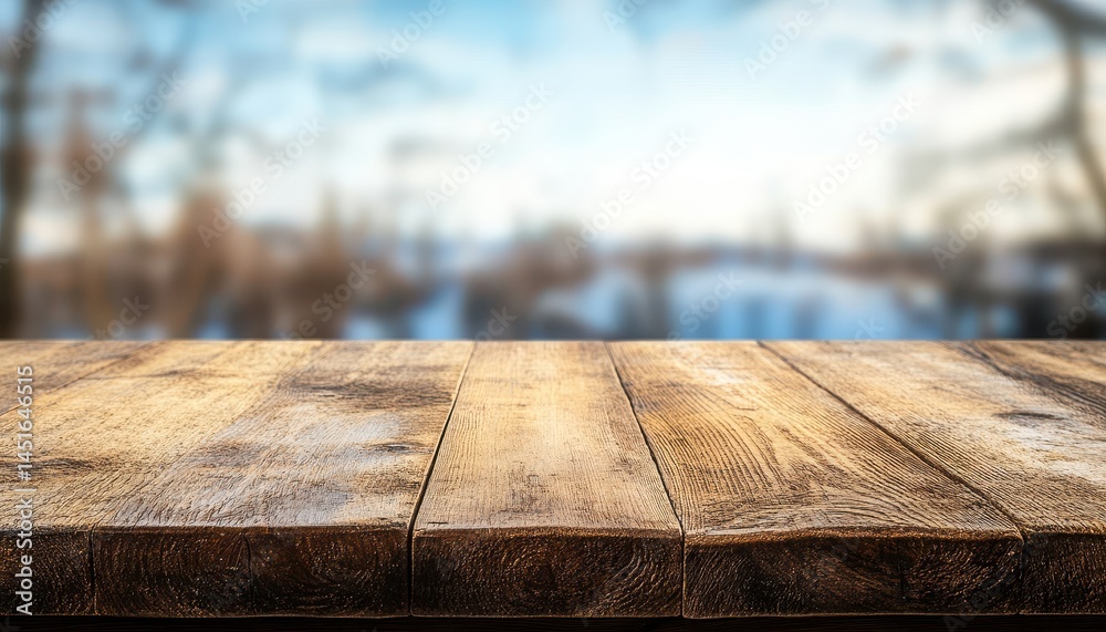 Poster empty wooden table top on blurred winter landscape with snow and trees a scenic rustic background fo
