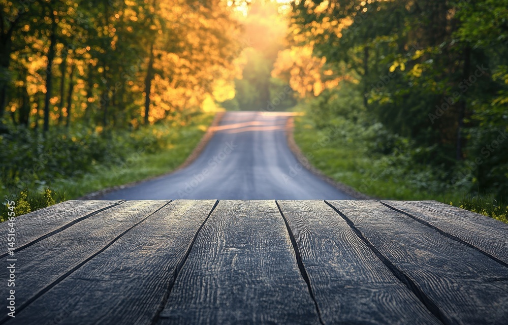 Poster empty wooden table overlooking a forest road at sunset scenery of a forest road leading through gree