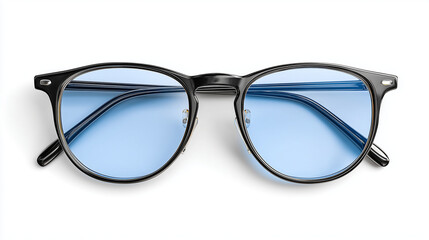 Close-up of stylish black-rimmed eyeglasses with light blue tinted lenses against a white backdrop, perfect for fashion or vision correction themes.