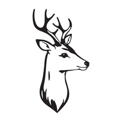 A black and white silhouette vector art of a deer?s head in profile.eps
