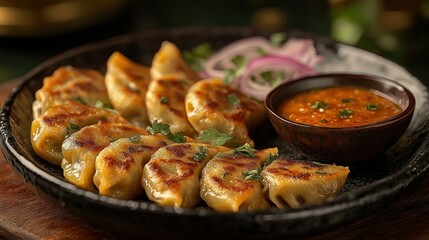 Crispy dumplings, served with spicy sauce