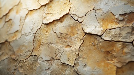 Fototapeta premium Cracked surface texture exhibiting varied shades of beige and ochre.