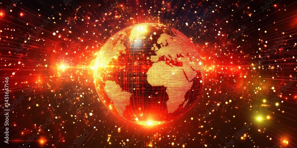 Poster Fiery Digital Earth Globe with Data Network in Space Background Featuring Abstract Technological Global Communications and Futuristic Design Elements in Red and Orange